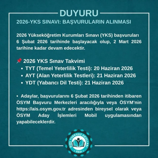 🎓 2026 YKS (Yükseköğretim Kurumları Sınavı) başvuruları başladı!

📌 Başvuru Tarihleri:
🗓 6 Şubat – 2 Mart 2026

🌐 Başvurular;
• ais.osym.gov.tr internet adresinden,
• ÖSYM Aday İşlemleri Mobil Uygulaması üzerinden
• veya ÖSYM Sınav Başvuru Merkezleri aracılığıyla bireysel olarak yapılabilecektir.